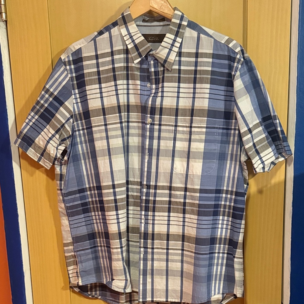 Tasso Elba Blue and White Plaid Casual Shirt